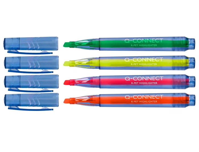 Q-connect Rotulador fluorescente punta biselada, fabricado con PET reciclado, caja de 4 unidades, colores surtidos Q-connect Rotulador fluorescente punta biselada, fabricado con PET reciclado, caja de 4 unidades, colores surtidos