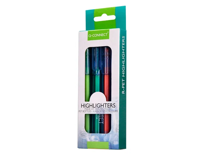 Q-connect Rotulador fluorescente punta biselada, fabricado con PET reciclado, caja de 4 unidades, colores surtidos Q-connect Rotulador fluorescente punta biselada, fabricado con PET reciclado, caja de 4 unidades, colores surtidos