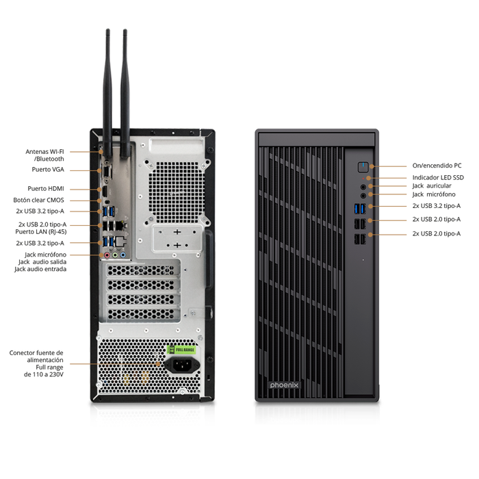 Phoenix Technologies Ordenador Phoenix Core con procesador Intel Core i3-14100 (14ª Gen), 16 GB RAM DDR5, 512 GB SSD NVMe M.2, Windows 11 Pro, WiFi 6, Micro-ATX