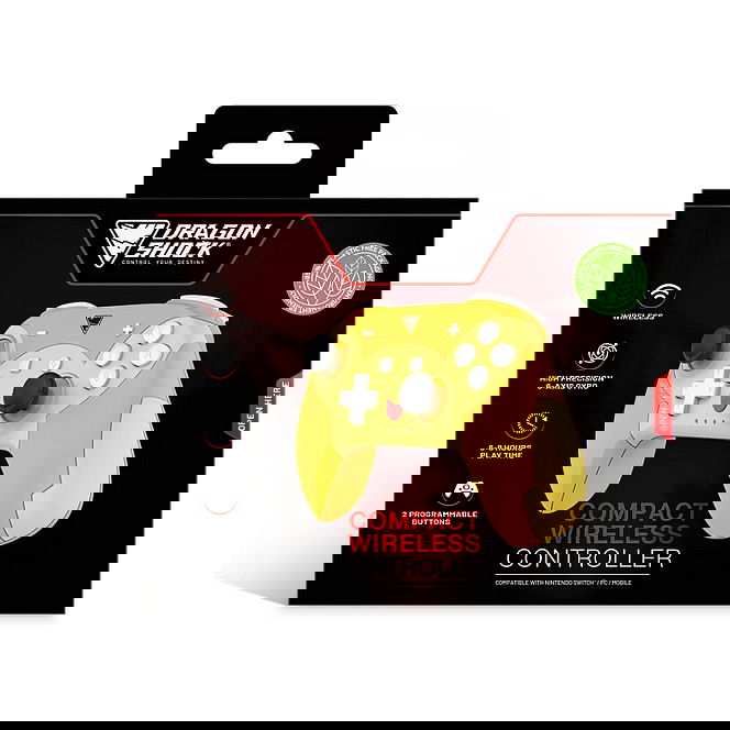 DragonShock PopTop Compact Mando Inalámbrico Gamepad para Nintendo Switch, Bluetooth, USB-C, 19 Botones, Giroscopio - Naranja/Rojo/Amarillo