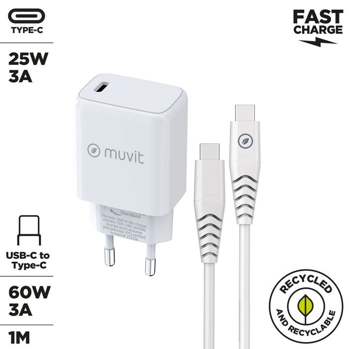 Cargador de Pared + Cable USB-C Muvit for Change Blanco Cargador de Pared + Cable USB-C Muvit for Change Blanco
