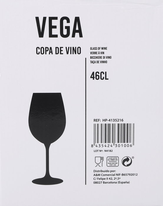Inde Copa de Vino "Vega" 46 cl (0.46 L), Cristal, Diámetro 7.4 cm x Altura 22 cm - Juego de Copas para Vino Tinto y Blanco (24 Unidades)
