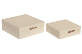 DKD Home Decor Set de 2 Cajas de Madera y PU Beige 25x25x10 cm