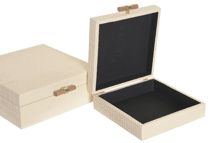 DKD Home Decor Set de 2 Cajas de Madera y PU Beige 25x25x10 cm