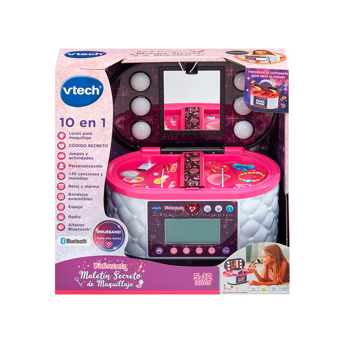V-TECH Kidisecrets Maletín Secreto Interactivo de Maquillaje con Espejo LED, Código Seguro, Bluetooth y Radio - Modelo Megro 80-581867 para Niñas +5 Años