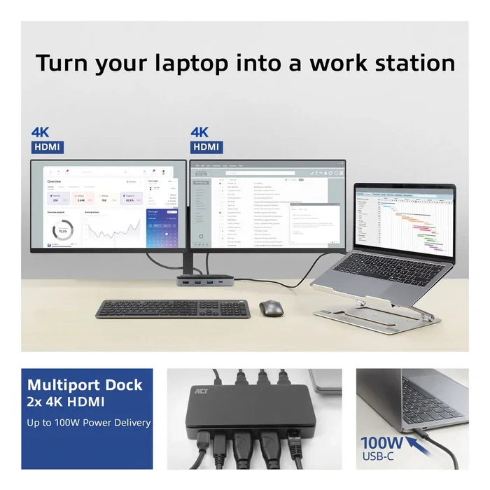ACT AC7093 Docking Station USB-C 4K MST con 2 HDMI y PD 100W
