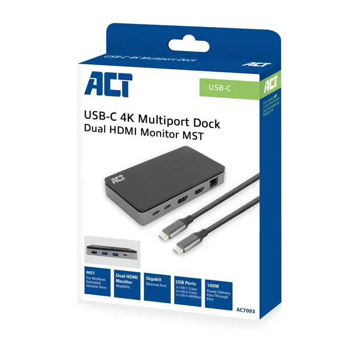 ACT AC7093 Docking Station USB-C 4K MST con 2 HDMI y PD 100W
