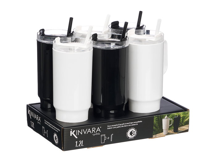 KINVARA Vaso Pajita con Asa 1200ml Surtido Blanco y Negro 14x30x10 cm (Set de 12)