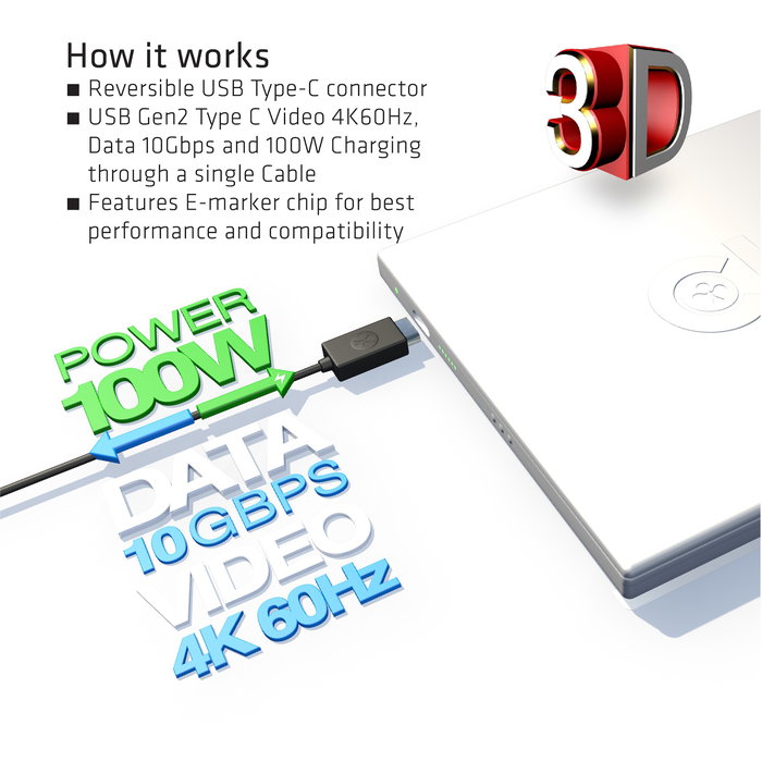 Club 3d Cable USB Tipo-C Macho a Macho 0.8m Active, PD 100W, 4K a 60Hz