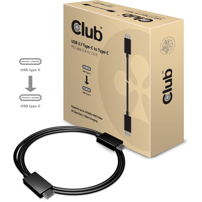 Club 3d Cable USB Tipo-C Macho a Macho 0.8m Active, PD 100W, 4K a 60Hz