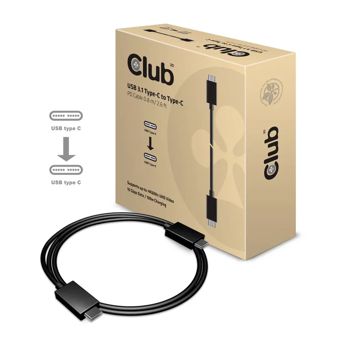 Club 3D Cable USB-C a USB-C 0.8 m - USB 3.2 Gen 2, 10 Gbps, Power Delivery 100W, Compatible con Vídeo 4K 60Hz, E-Marker, Negro
