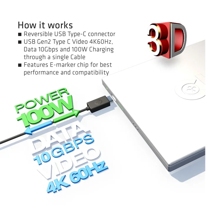 Club 3D Cable USB-C a USB-C 1m 4K60Hz 100W USB 3.2 Gen 2 Negro Club 3D Cable USB-C a USB-C 1m 4K60Hz 100W USB 3.2 Gen 2 Negro