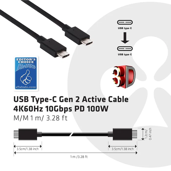 Club 3D Cable USB-C a USB-C 0.8 m - USB 3.2 Gen 2, 10 Gbps, Power Delivery 100W, Compatible con Vídeo 4K 60Hz, E-Marker, Negro