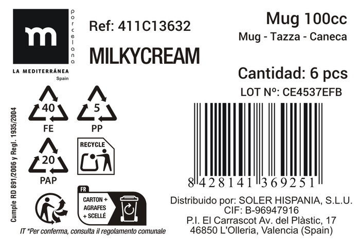 La Mediterranea Taza Milkycream 100cc (Pack de 36 unidades)