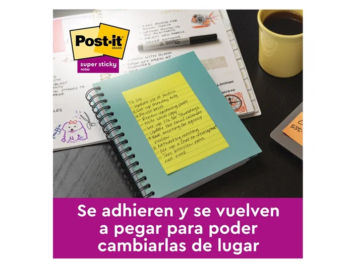 Post-it Bloc de Notas Adhesivas Super Sticky 152x101 mm, 45 Hojas, Colores Neón, Pack de 4 Unidades