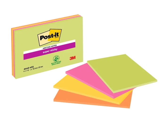 Post-it Bloc de Notas Adhesivas Super Sticky 152x101 mm, 45 Hojas, Colores Neón, Pack de 4 Unidades