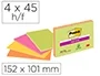 Post-it Bloc de Notas Adhesivas Super Sticky 152x101 mm, 45 Hojas, Colores Neón, Pack de 4 Unidades