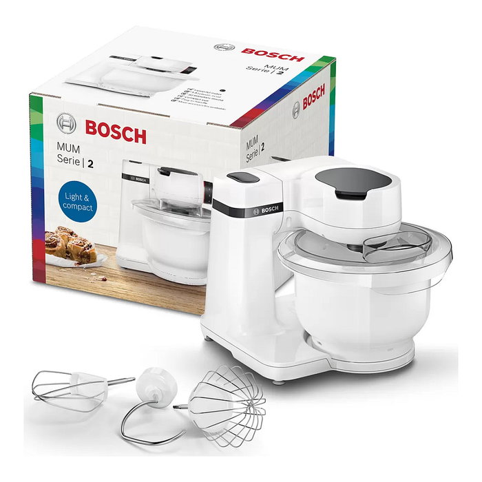 Bosch MUMS2AW00 Kitchen Machine Robot de Cocina, 700W, Serie 2, Color Blanco, 3.8L con Batidor, Amasador y Accesorios