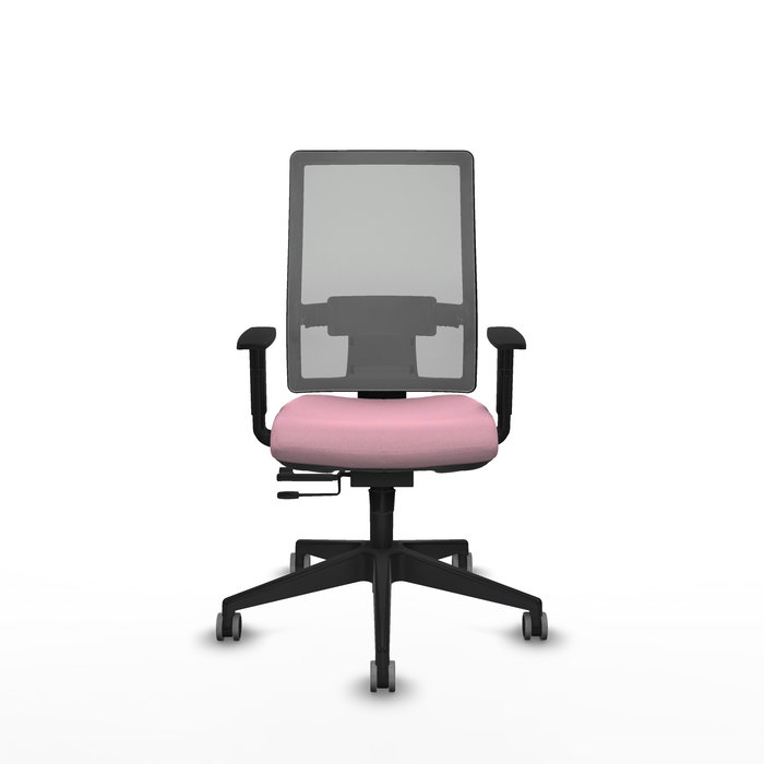Silla de oficina Horna con mecanismo Sincro/Traslack tapizada con Tela color Rosa y malla color Gris. Equipada con lumbar 1D, Brazos 1D y Ruedas 65 mm parqué