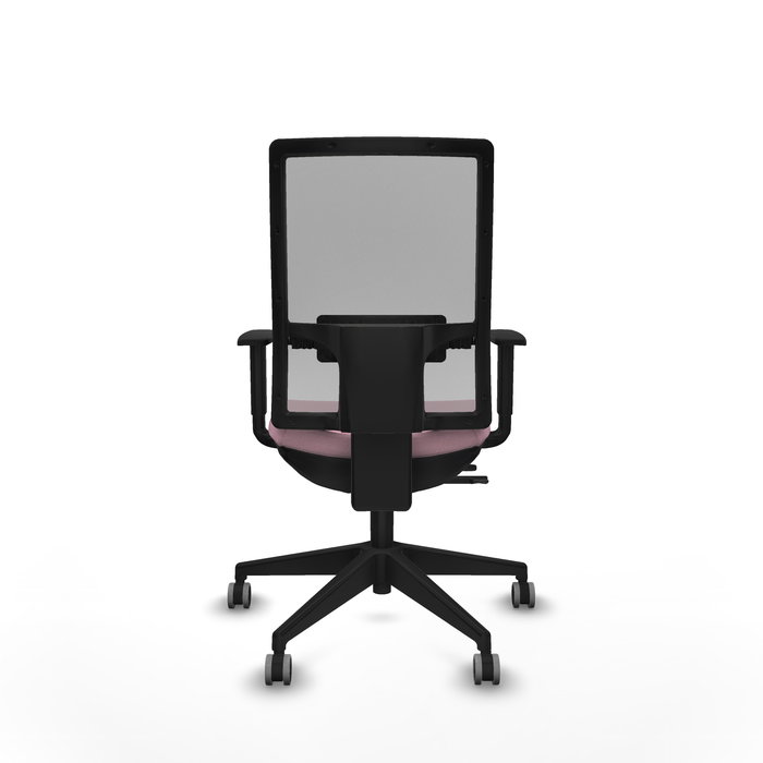 Silla de oficina Horna con mecanismo Sincro/Traslack tapizada con Tela color Rosa y malla color Gris. Equipada con lumbar 1D, Brazos 1D y Ruedas 65 mm parqué