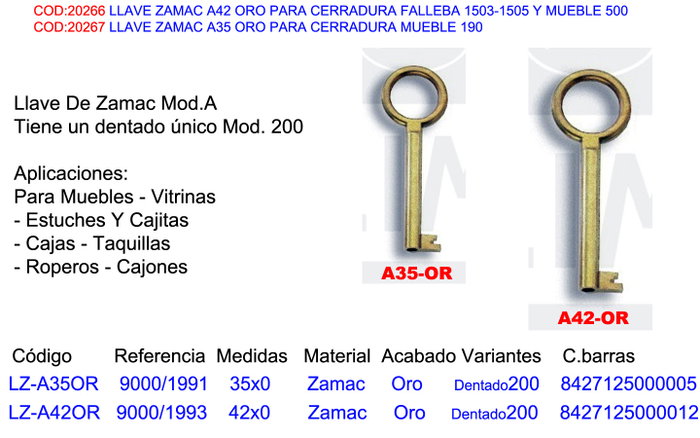 Llave Zamak A35 Oro para Cerradura Mueble 190 Llave Zamak A35 Oro para Cerradura Mueble 190