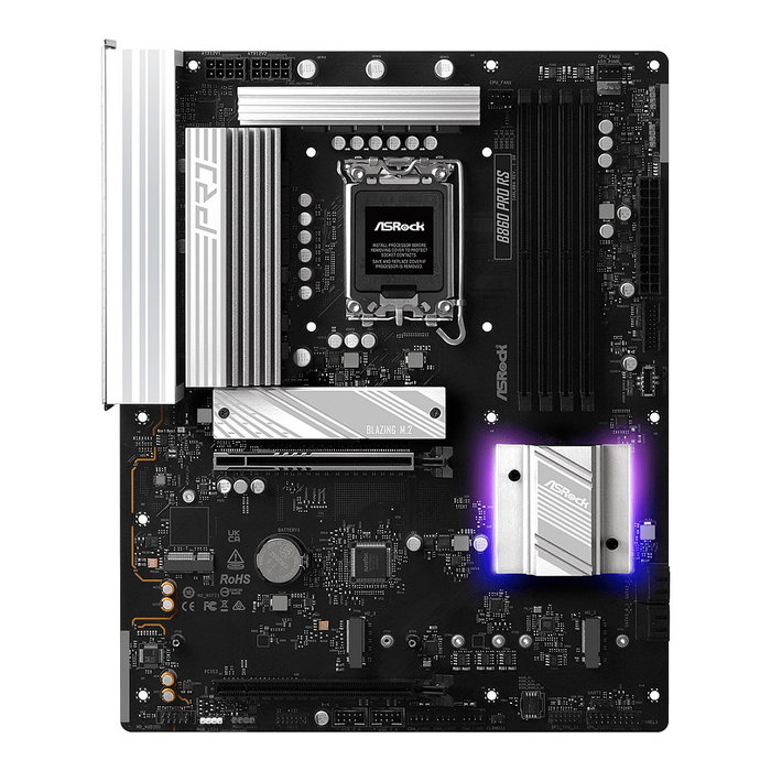 ASRock B860 Pro RS Placa Base ATX LGA 1851 para Intel Core Ultra Serie 2, Chipset B860, DDR5 8666MHz, HDMI, DisplayPort, 2.5GbE LAN, 4xSATA, 3xM.2, RAID