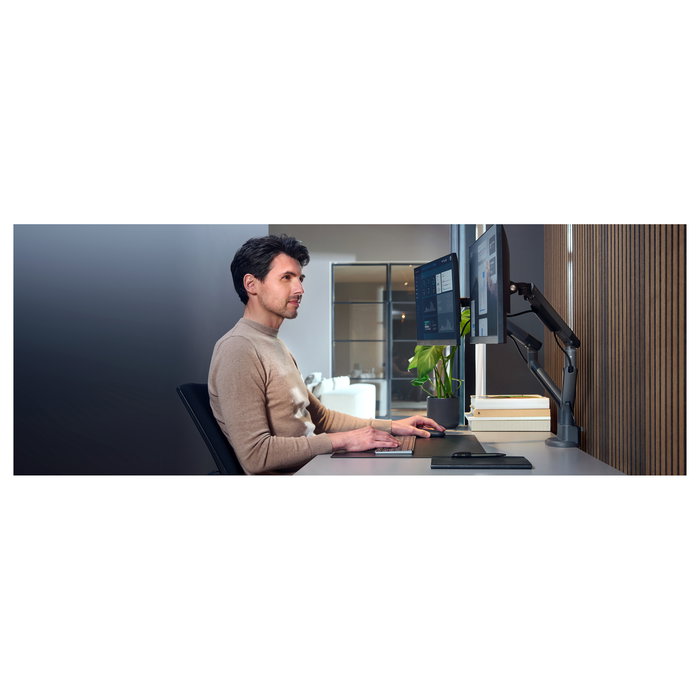 One For All DM 7210 Soporte Doble para Monitor, Soporte para 2 Pantallas de hasta 35", Soporte de Escritorio Ajustable Negro, Carga 9 kg, VESA 75x75/100x100 mm