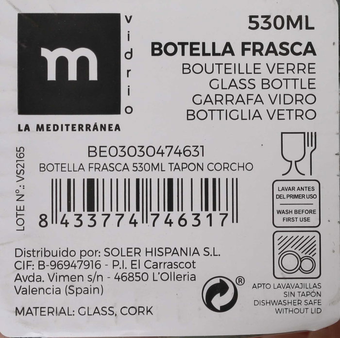 La Mediterranea Botella Frasca de 530 ml con Tapón de Corcho (Pack de 16) SKU: B18ELD7YHQ
