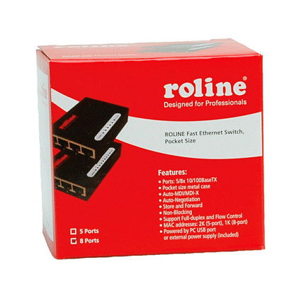 ROLINE Conmutador Ethernet Rápido de Bolsillo 8 Puertos, Full Duplex, Auto-negociación, 6W (Código SA: 85176990)