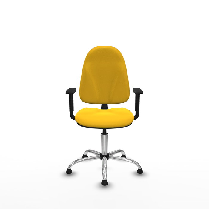 Silla de oficina Algarra con mecanismo Contacto permanente básico tapizada con Similpiel color Amarillo. Equipada con Base cromada, Brazos 1Dy Topes
