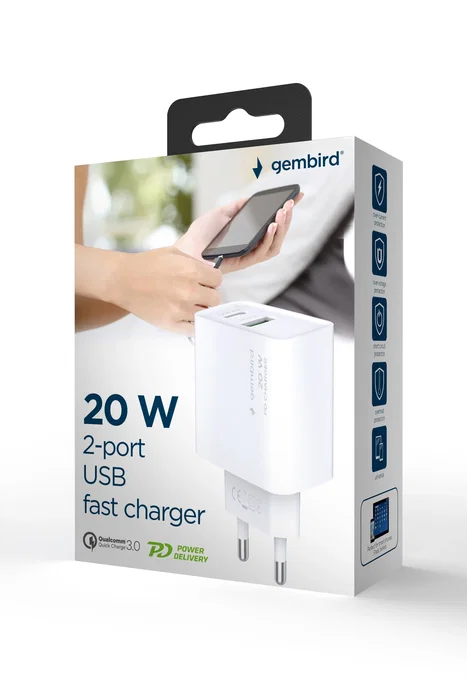 Gembird TA-UC-PDQC20-01-W Cargador Rápido USB 20W con QC 3.0 y Power Delivery, 2 Puertos (USB-C + USB-A), Protecciones Inteligente, Blanco