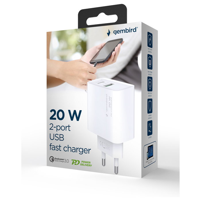 Gembird Cargador USB Tipo C Interior PD 3.0 Quick Charge 3.0 de 20W Blanco TA-UC-PDQC20-01-W
