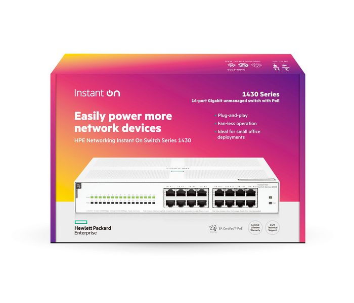 Hewlett Packard Enterprise Aruba Instant On 1430 Switch 16 Puertos Gigabit PoE 124W 1430-16G-POE - Conmutador No Gestionado Capa 2 para Negocios