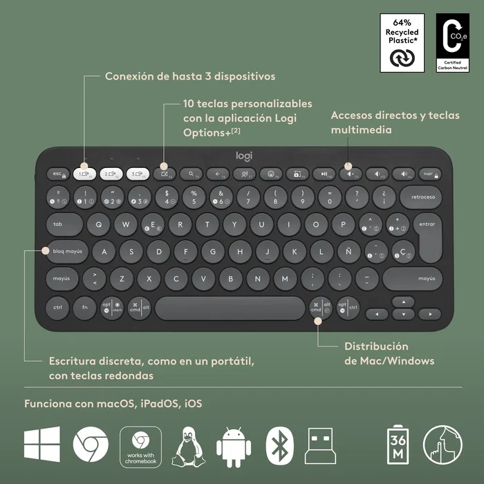 Logitech 920 012227 Pebble 2 Combo - Teclado y Ratón Inalámbrico RF + Bluetooth QWERTY Español Grafito - Kit Multi-Dispositivo - Color Grafito