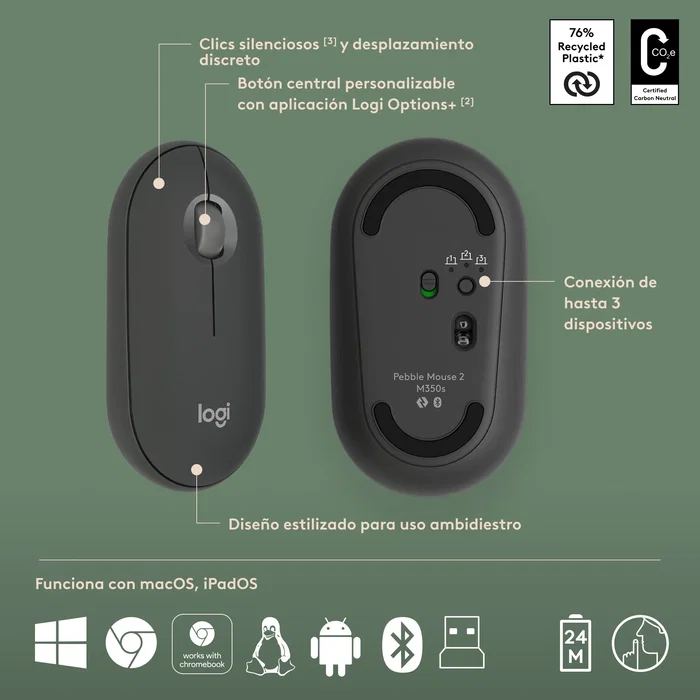 Logitech 920 012227 Pebble 2 Combo - Teclado y Ratón Inalámbrico RF + Bluetooth QWERTY Español Grafito - Kit Multi-Dispositivo - Color Grafito