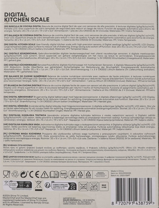 Masterchef Báscula de Cocina Digital 5Kg con Dimensiones 16,2 cm x 2,8 cm x 21,4 cm (12 Unidades)