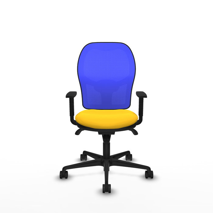 Silla de oficina Jorquera con mecanismo Sincro tapizada con Similpiel color Amarillo y malla color Azul. Equipada con lumbar 1D, Brazos 1D y Ruedas 65mm nailon