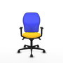 Silla de oficina Jorquera con mecanismo Sincro tapizada con Similpiel color Amarillo y malla color Azul. Equipada con lumbar 1D, Brazos 1D y Ruedas 65mm nailon