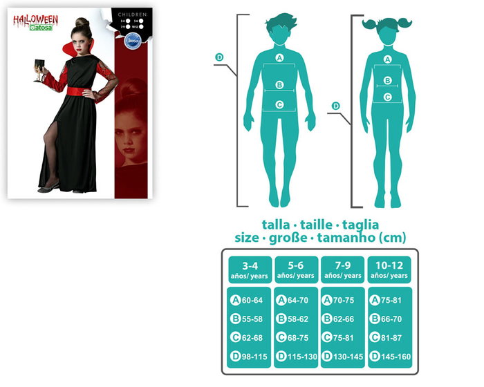 Vampiresa Disfraz de Halloween Niña Infantil Talla 3-4 Años - Vestido y Cinturón Negro con Mangas Transparentes