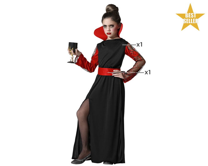 Vampiresa Disfraz de Halloween Niña Infantil Talla 3-4 Años - Vestido y Cinturón Negro con Mangas Transparentes