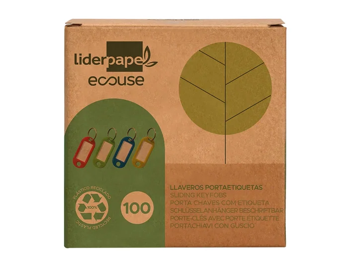 Liderpapel Llavero Portaetiquetas Plástico Reciclado Ecológico Caja 100 Unidades Colores Surtidos