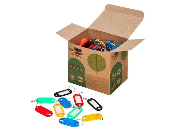 Liderpapel Llavero Portaetiquetas Plástico Reciclado Ecológico Caja 100 Unidades Colores Surtidos