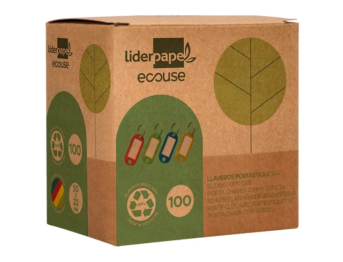 Liderpapel Llavero Portaetiquetas Plástico Reciclado Ecológico Caja 100 Unidades Colores Surtidos