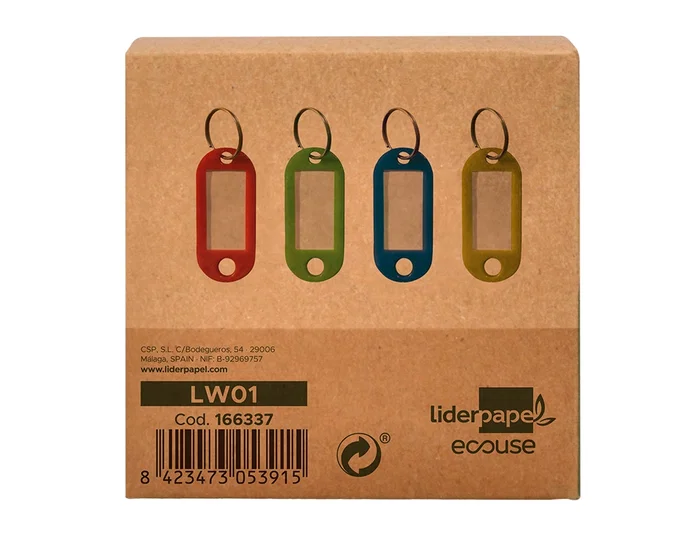 Liderpapel Llavero Portaetiquetas Plástico Reciclado Ecológico Caja 100 Unidades Colores Surtidos