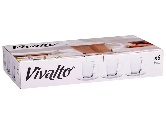 Vivalto Taza de Vidrio para Café con Leche 200 ml con Plato, Transparente - Taza: 10 x 7 x 10 cm + Plato: 12 x 1 cm (Set de 24)