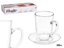Vivalto Taza de Vidrio para Café con Leche 200 ml con Plato, Transparente - Taza: 10 x 7 x 10 cm + Plato: 12 x 1 cm (Set de 24)
