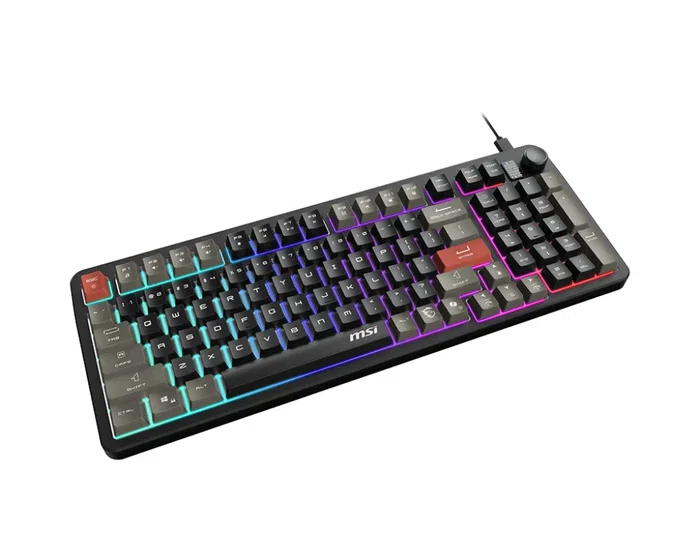 MSI Forge GK110 Teclado Gaming USB con Retroiluminación RGB, Teclado de Membrana QWERTY Español, Negro, 97 Teclas con Rueda de Volumen, Hotkeys y Antifantasma