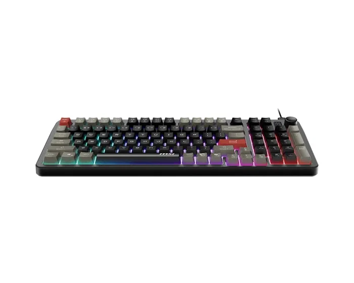 MSI Forge GK110 Teclado Gaming USB con Retroiluminación RGB, Teclado de Membrana QWERTY Español, Negro, 97 Teclas con Rueda de Volumen, Hotkeys y Antifantasma