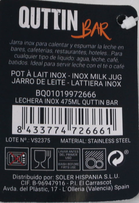 My Bar - Lechera de acero inoxidable 475 ml, para bar, dimensiones: 8.6 cm (ancho) x 9.5 cm (alto) x 12 cm (largo), 2.3 kg (12 Unidades)