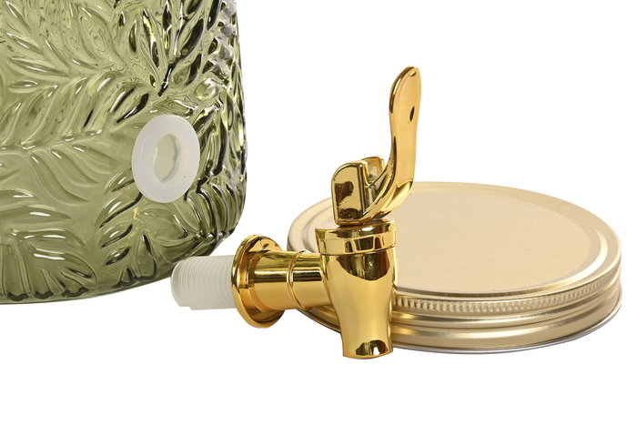 DKD Home Decor Dispensador Bebidas Tropical Cristal Metal Verde Dorado Hojas 19.3 x 36 x 19.3 cm